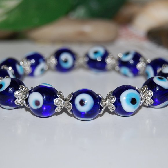 Evil Eye Bracelet,10mm Blue Glass Evil Eye Beads,Good Luck Bracelet,Hamsa - Picture 2 of 3